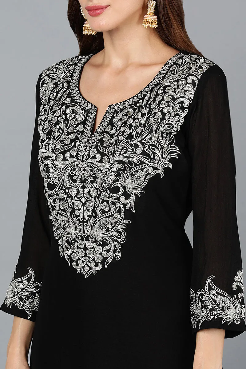 Black Silk Blend Straight Kurta Pant With Dupatta