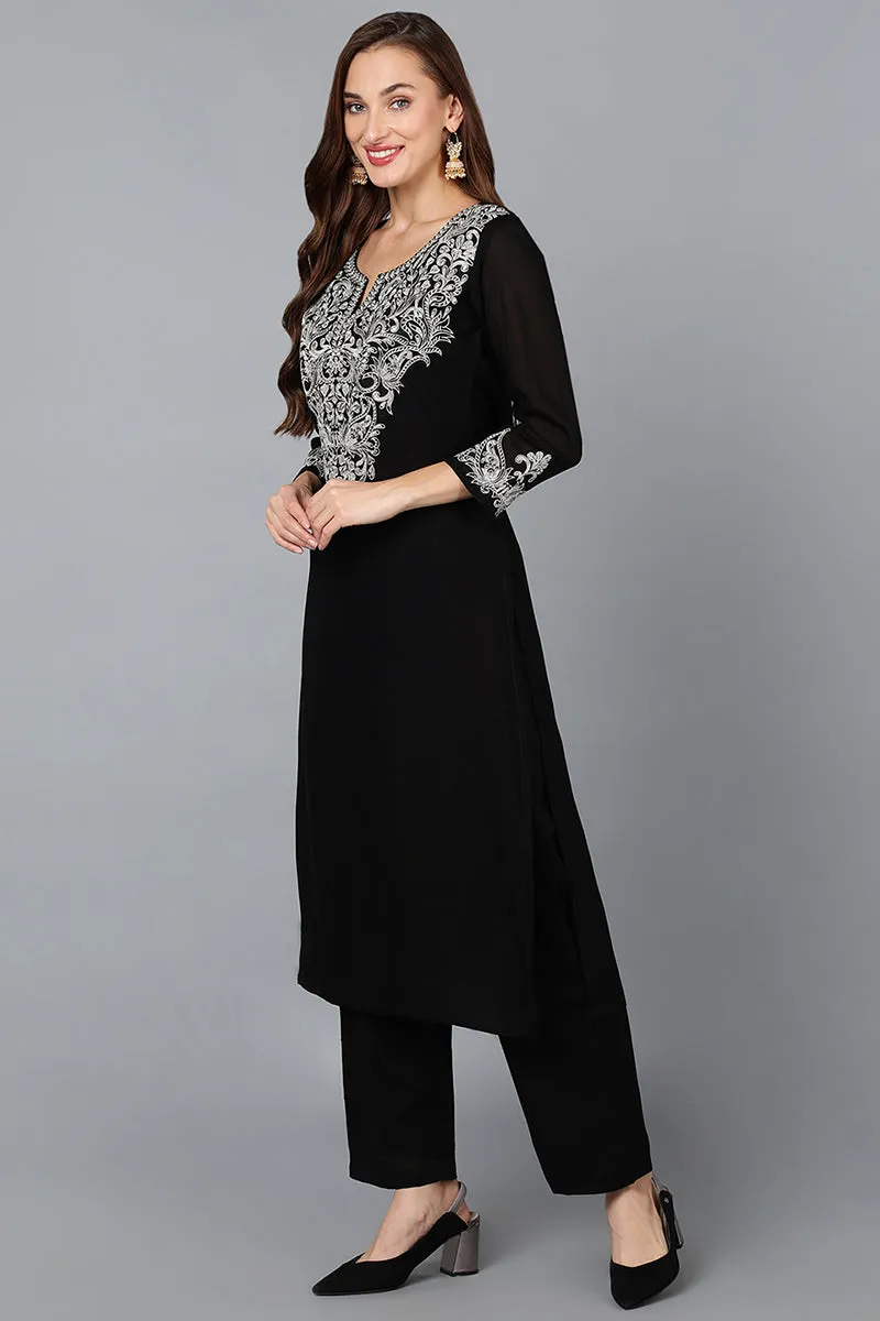 Black Silk Blend Straight Kurta Pant With Dupatta