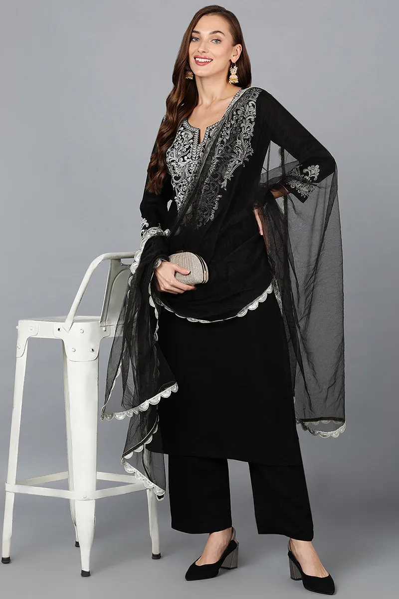 Black Silk Blend Straight Kurta Pant With Dupatta