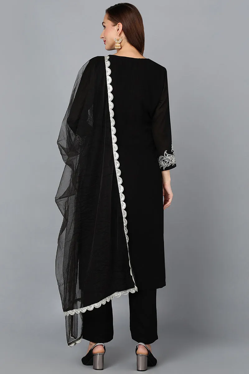 Black Silk Blend Straight Kurta Pant With Dupatta