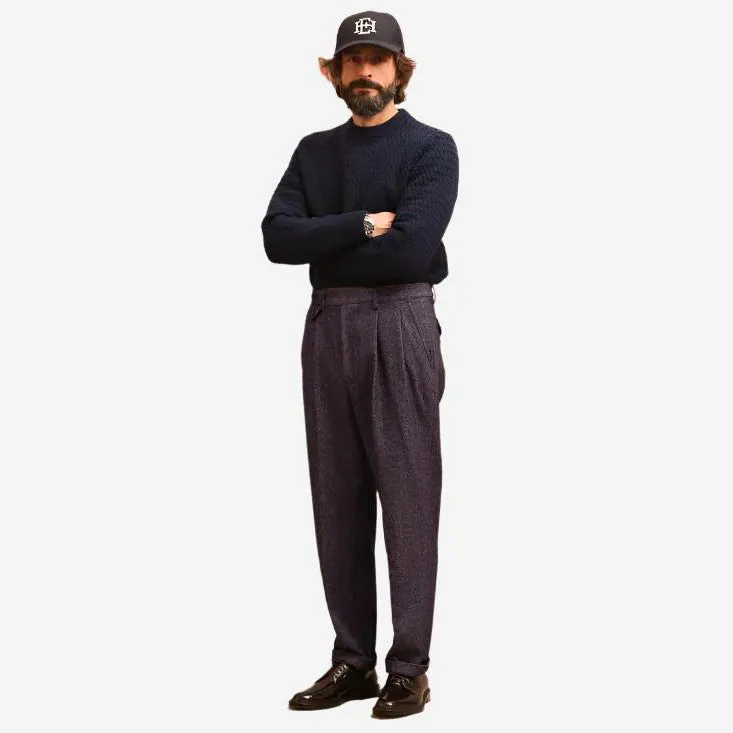 Enfield Two Pleat Wool Pant - Navy Herringbone