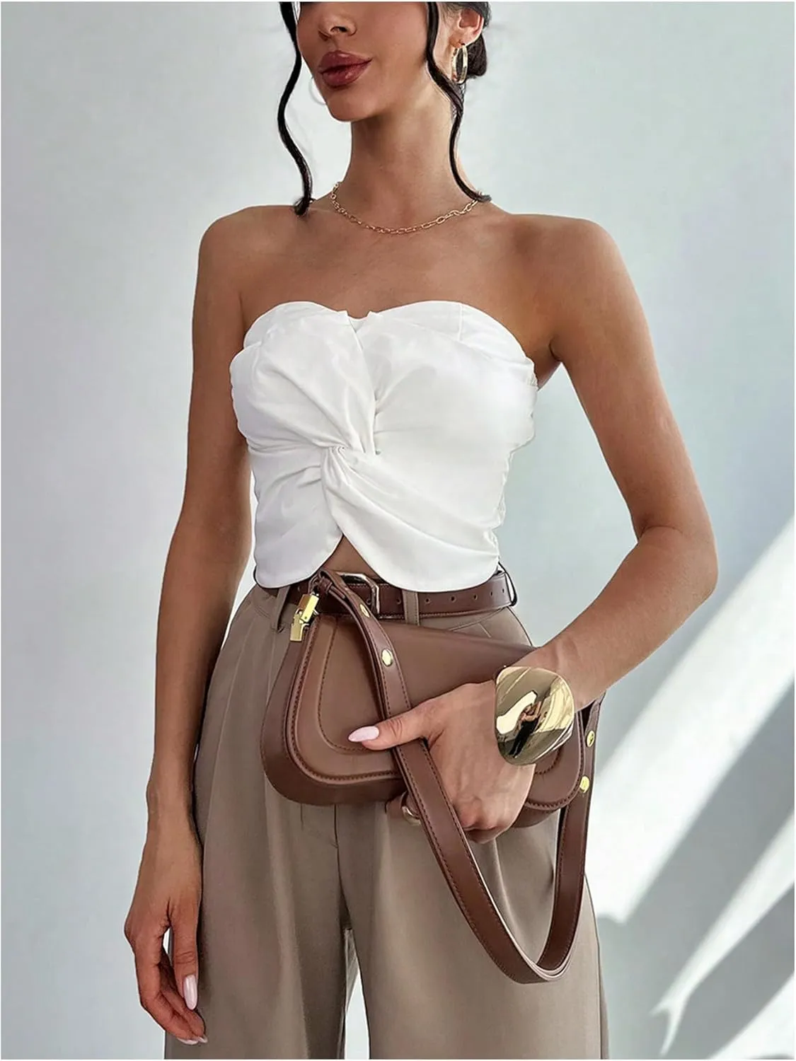 GORGLITTER Women's Strapless Tube Top Open Back Sleeveless Smocked Twist Bandeau Top Going Out Summer Crop Tops 2025