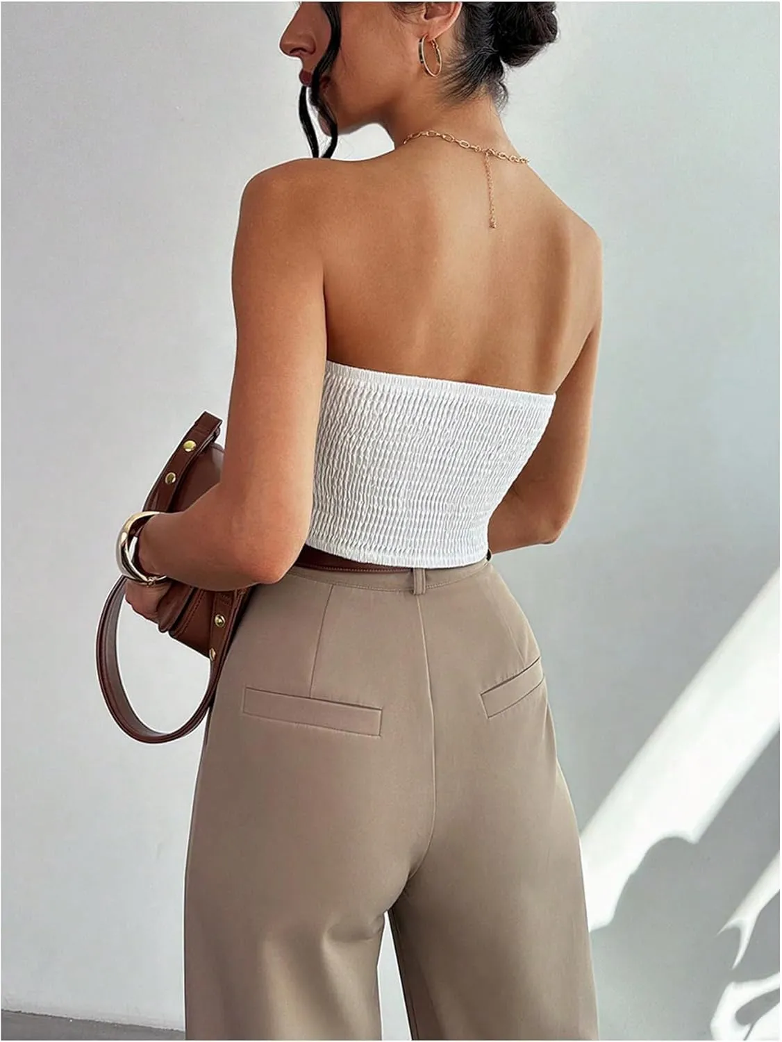 GORGLITTER Women's Strapless Tube Top Open Back Sleeveless Smocked Twist Bandeau Top Going Out Summer Crop Tops 2025