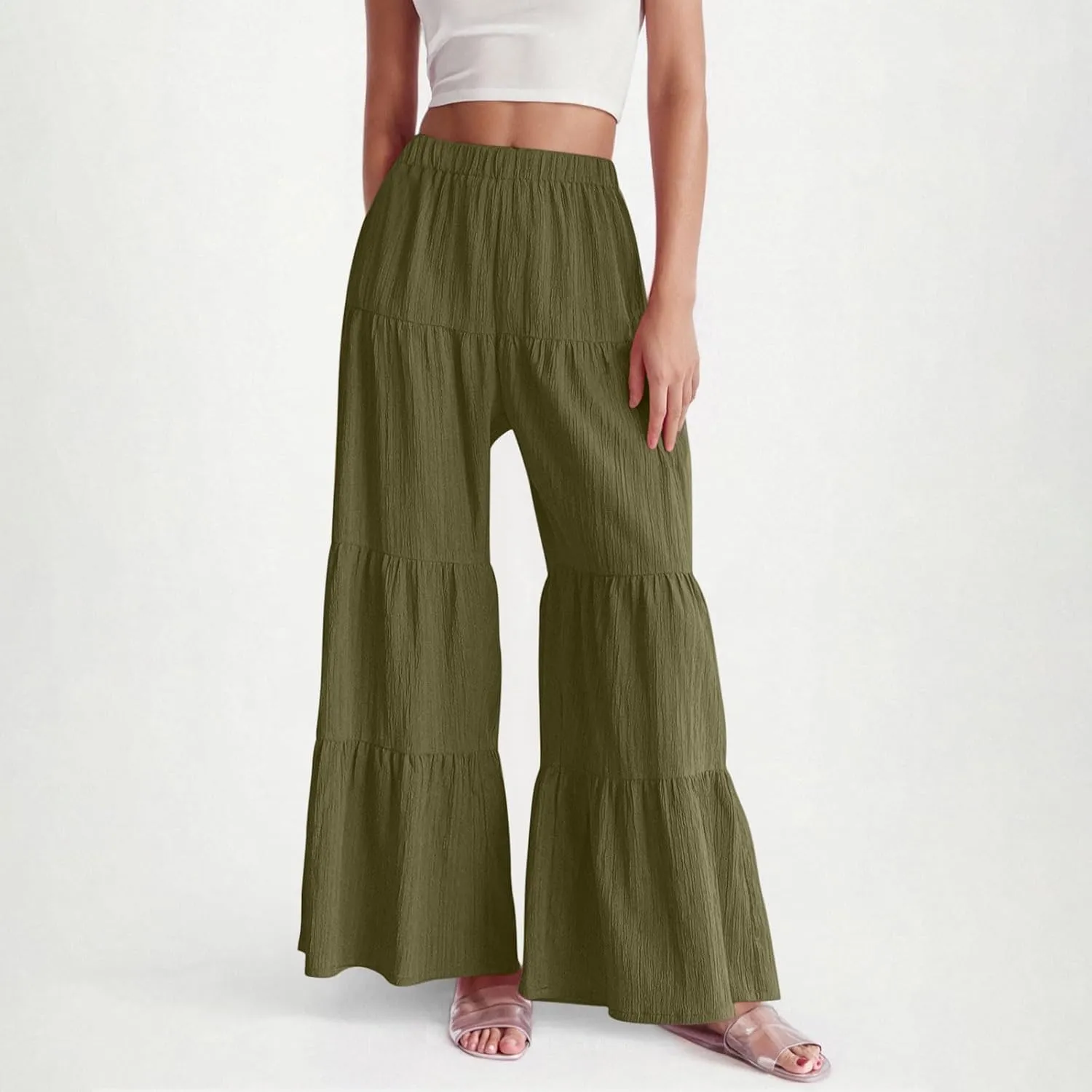 JOAU Women's Flowy Boho Elastic High Waist Ruffle Hem Wide Leg Beach Loose Palazzo Pants Summer Baggy Tiered Flared Trousers
