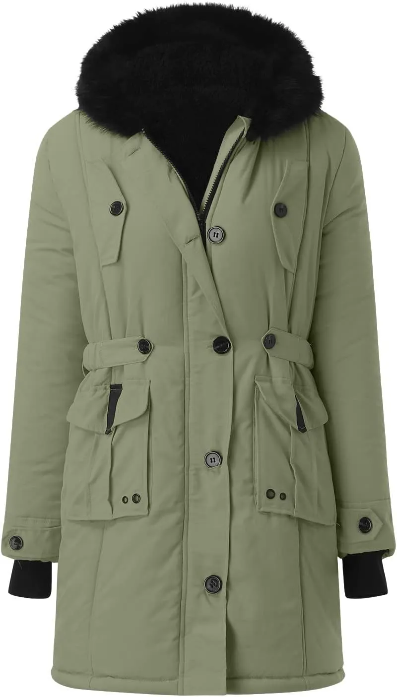 Lightweight Quilted Padded Fleece Lined Coats Ladies Padded Thermal Overcoat with Faux Hooded Windproof Warm Puffy