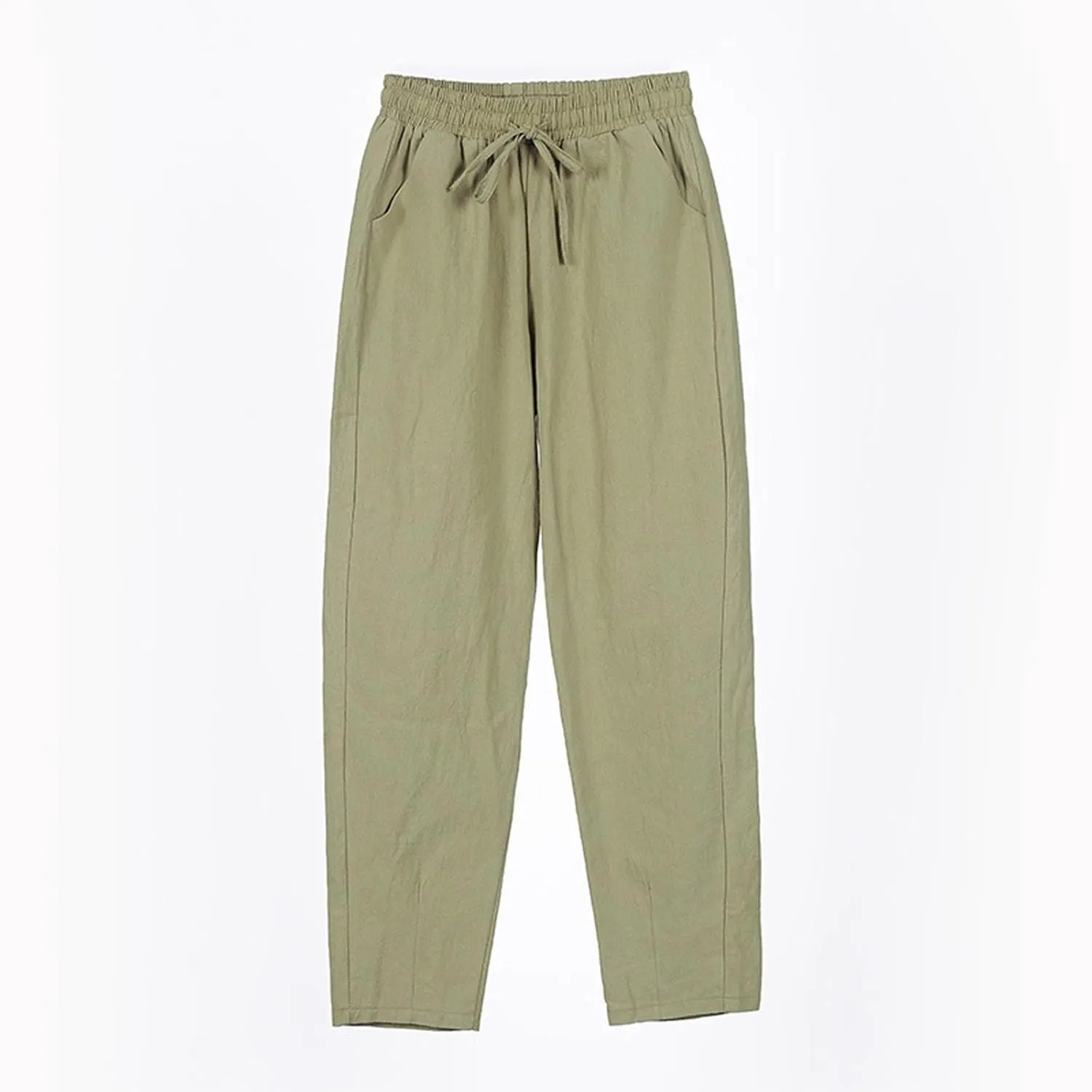 Linen Pants Women Cropped Lightweight Summer Drawstring Pant Petite Length Straight Leg Tapered Pants with Pockets
