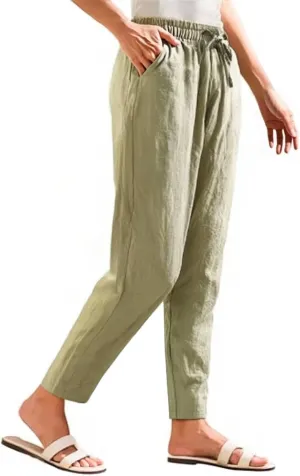 Linen Pants Women Cropped Lightweight Summer Drawstring Pant Petite Length Straight Leg Tapered Pants with Pockets