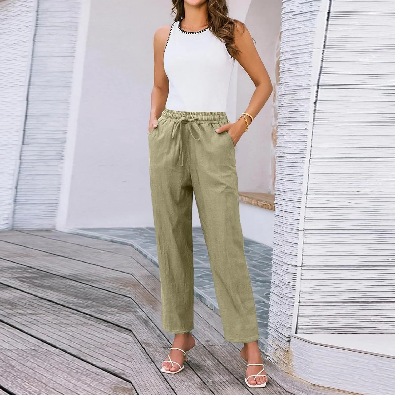 Linen Pants Women Cropped Lightweight Summer Drawstring Pant Petite Length Straight Leg Tapered Pants with Pockets