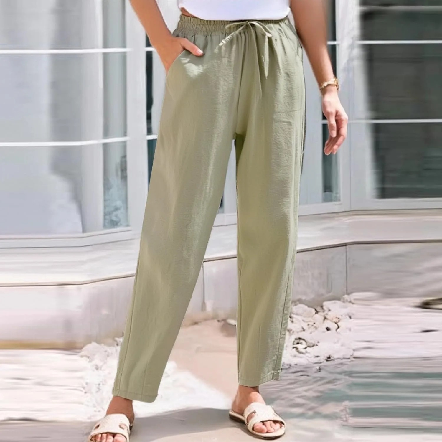 Linen Pants Women Cropped Lightweight Summer Drawstring Pant Petite Length Straight Leg Tapered Pants with Pockets