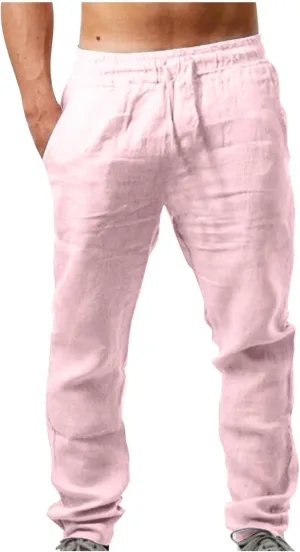 Men's Cotton Linen Trousers Casual Elastic Waist Pants Yoga Pants Straight Leg Sweatpant Drawstring Pants Quick Dry