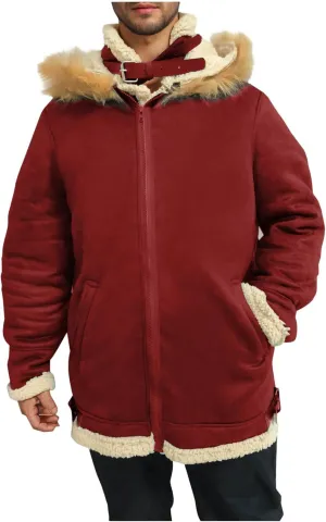 Men's Faux Leather Jacket Cozy Sherpa Fleece Lined Bomber Jackets Winter Suede Trench Coat with Faux Fur Trim Hood