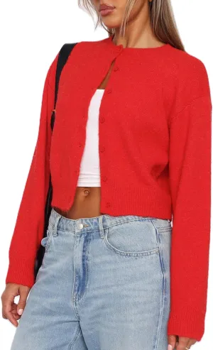 NUFIWI Women Y2k Knit Crop Cardigan Button Down Open Front Lightweight Shrug Sweater Long Sleeve Knitted Cropped Outwear