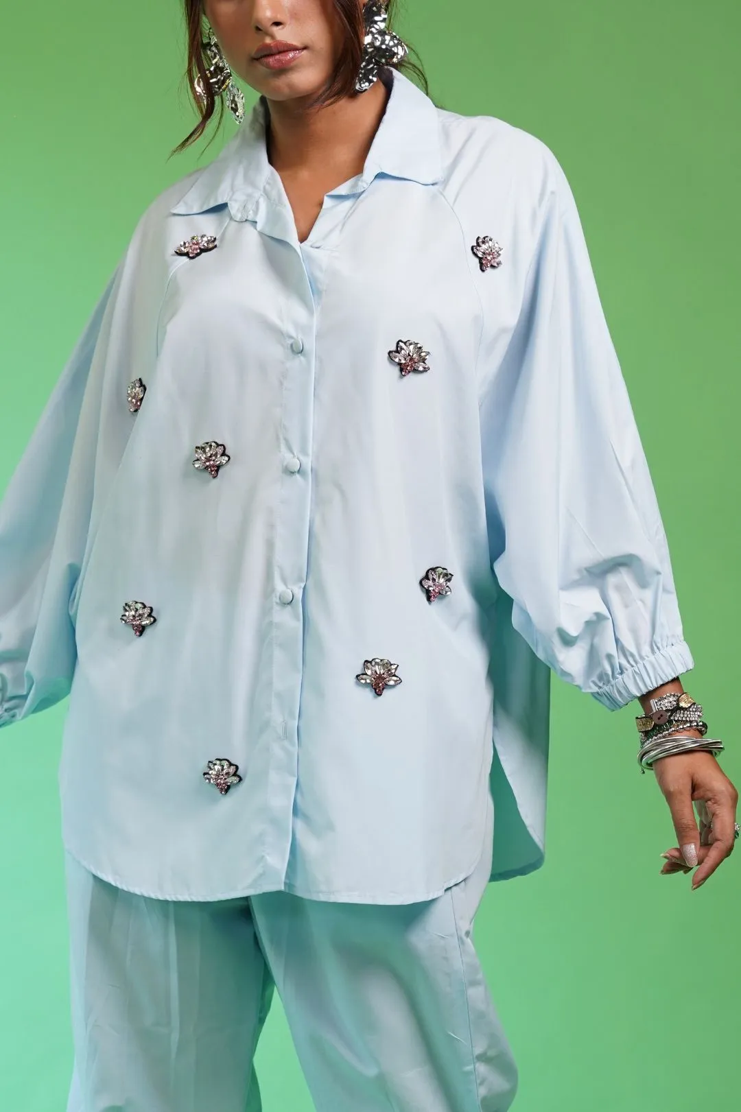 Sara Light Blue Lille Shirt with Pleated Pant
