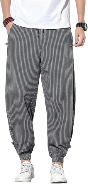 USTZFTBCL Men's Spring Chinese Style Striped Frog Buttons Loose Jogger Casual Long Pants