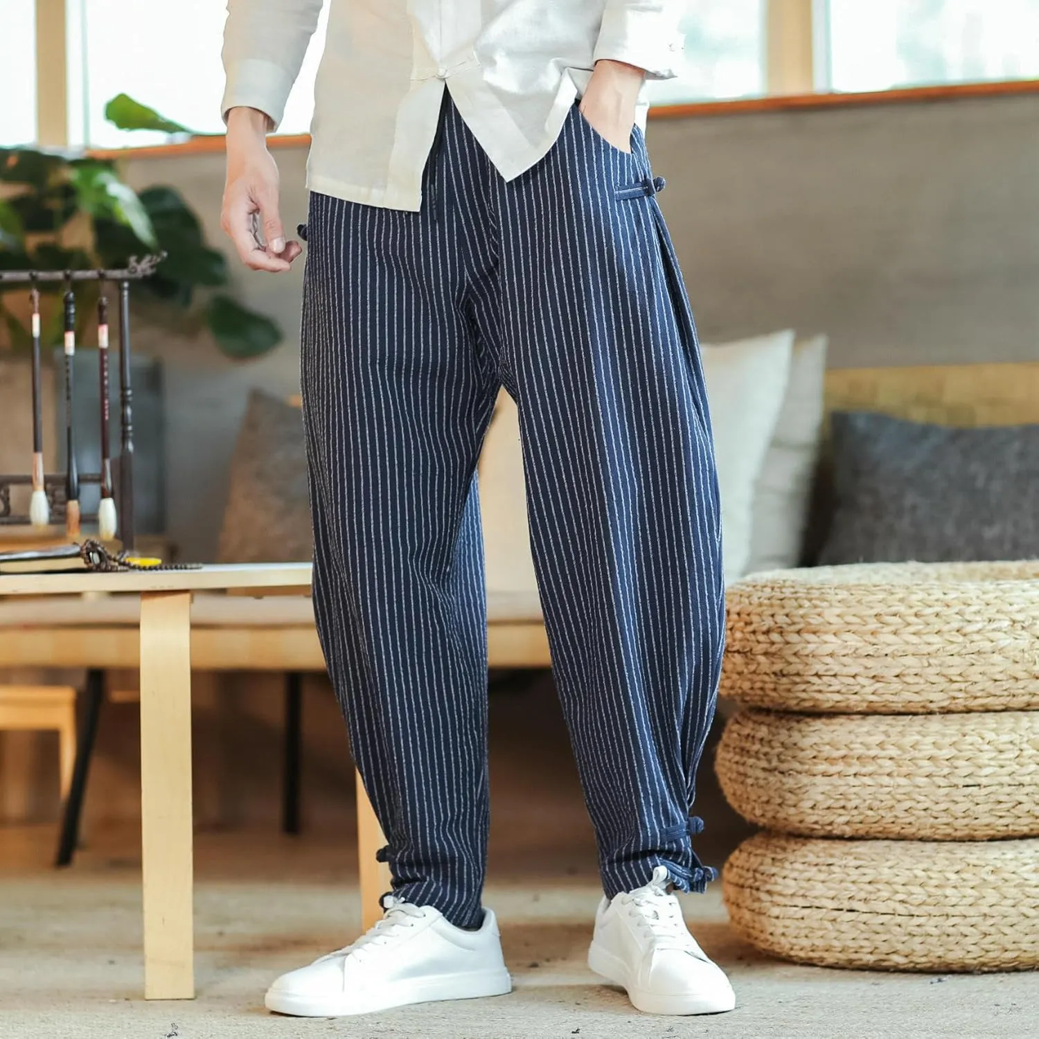 USTZFTBCL Men's Spring Chinese Style Striped Frog Buttons Loose Jogger Casual Long Pants