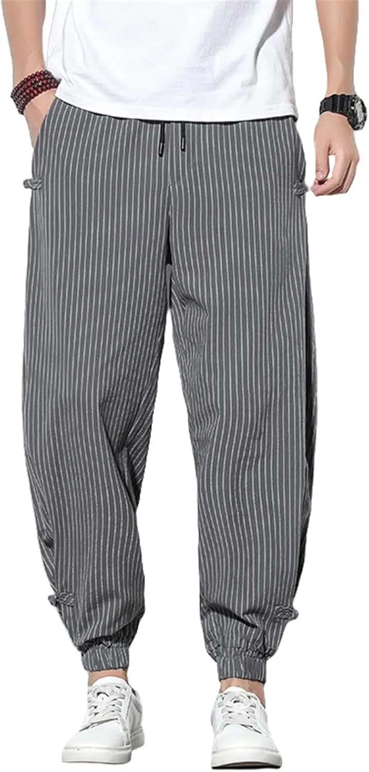 USTZFTBCL Men's Spring Chinese Style Striped Frog Buttons Loose Jogger Casual Long Pants