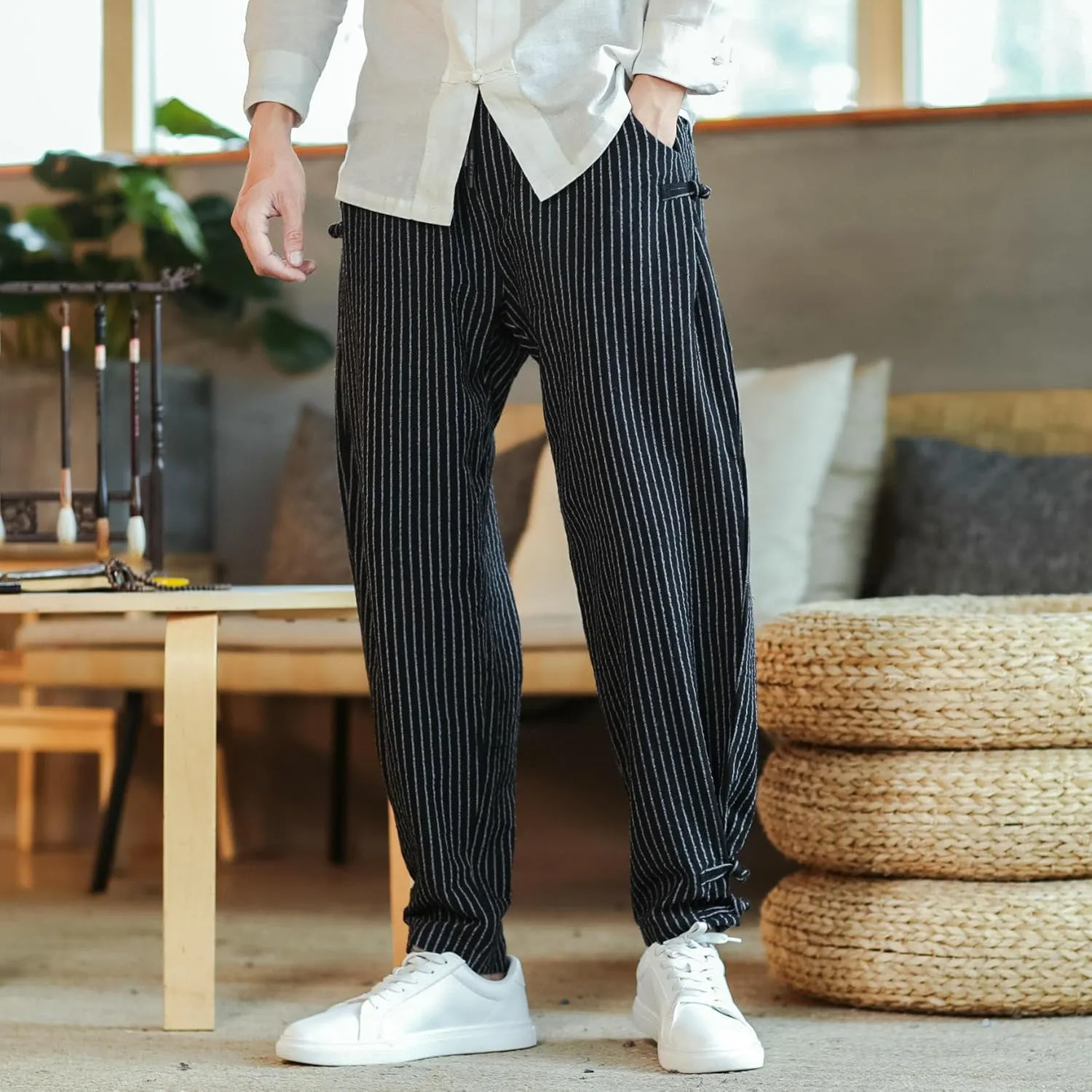 USTZFTBCL Men's Spring Chinese Style Striped Frog Buttons Loose Jogger Casual Long Pants