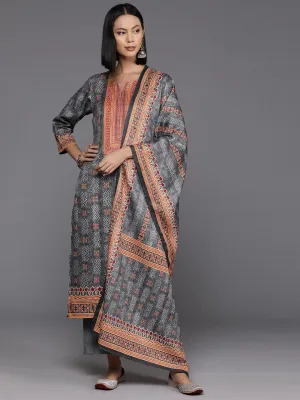 Varanga Women Grey Ethnic Motif Printed Straight Kurta With Tonal Bottom And Dupatta