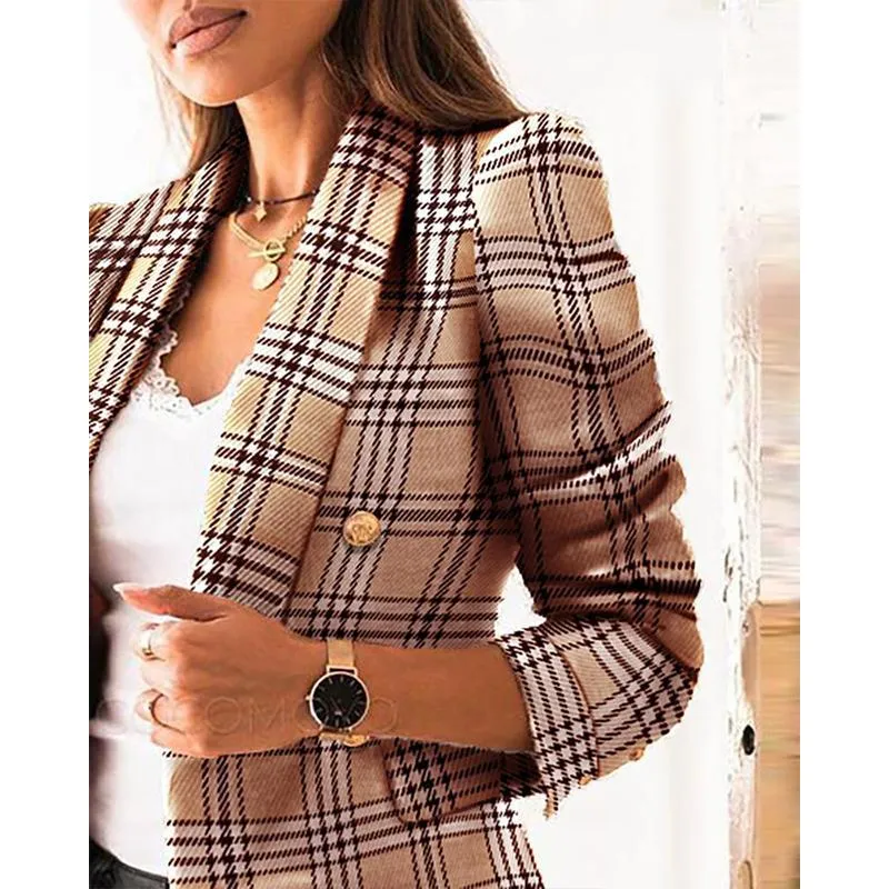 Women winter fall double breasted long sleeve checked coat