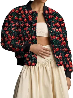 Women's Cropped Floral Print Bomber Jacket Winter Warm Puffer Jacket Zip Up Padded Coat with Pockets