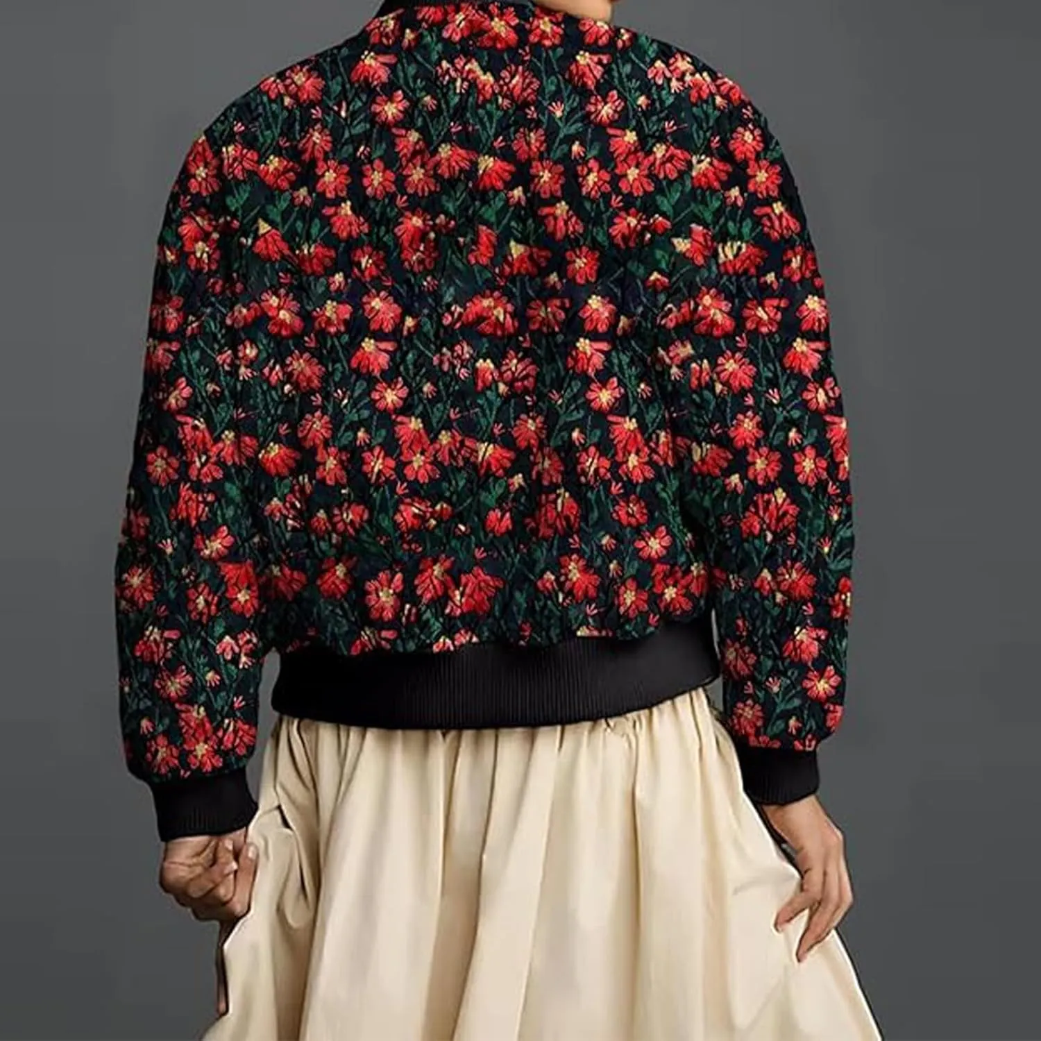 Women's Cropped Floral Print Bomber Jacket Winter Warm Puffer Jacket Zip Up Padded Coat with Pockets