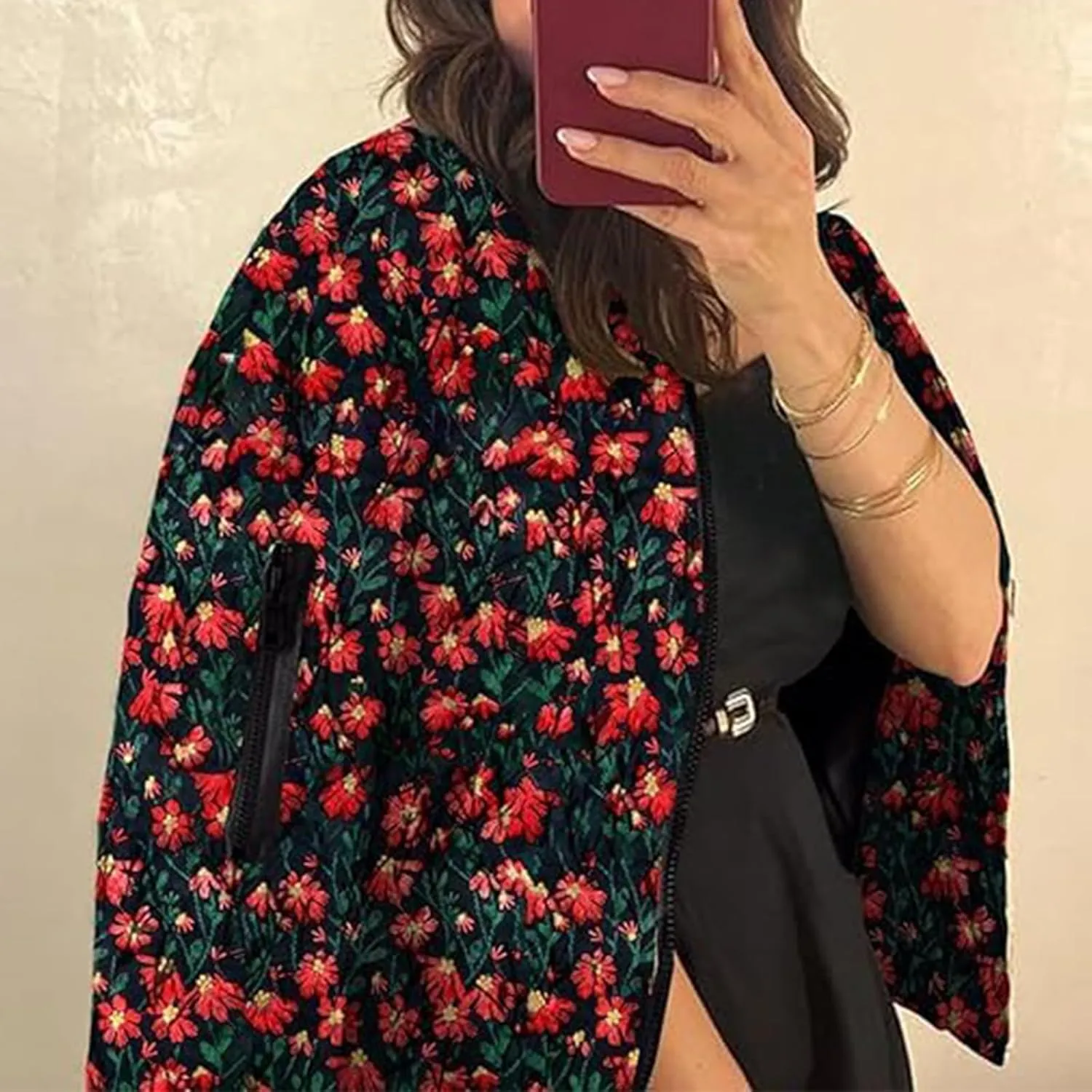Women's Cropped Floral Print Bomber Jacket Winter Warm Puffer Jacket Zip Up Padded Coat with Pockets