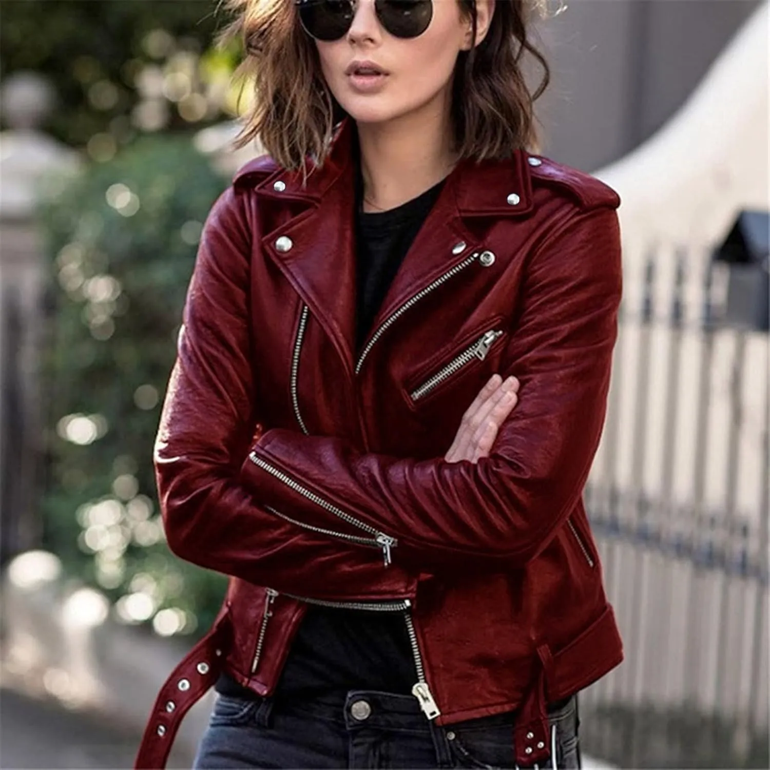 Women's Cropped Leather Jackets, Faux Motorcycle Plus Size Moto Biker Coat Short Lightweight Vegan Pleather Fashion