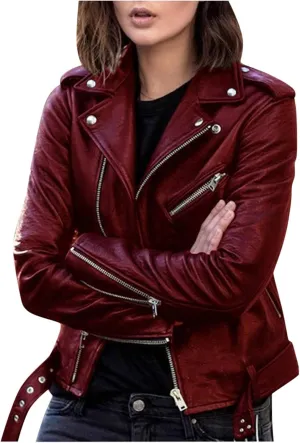 Women's Cropped Leather Jackets, Faux Motorcycle Plus Size Moto Biker Coat Short Lightweight Vegan Pleather Fashion