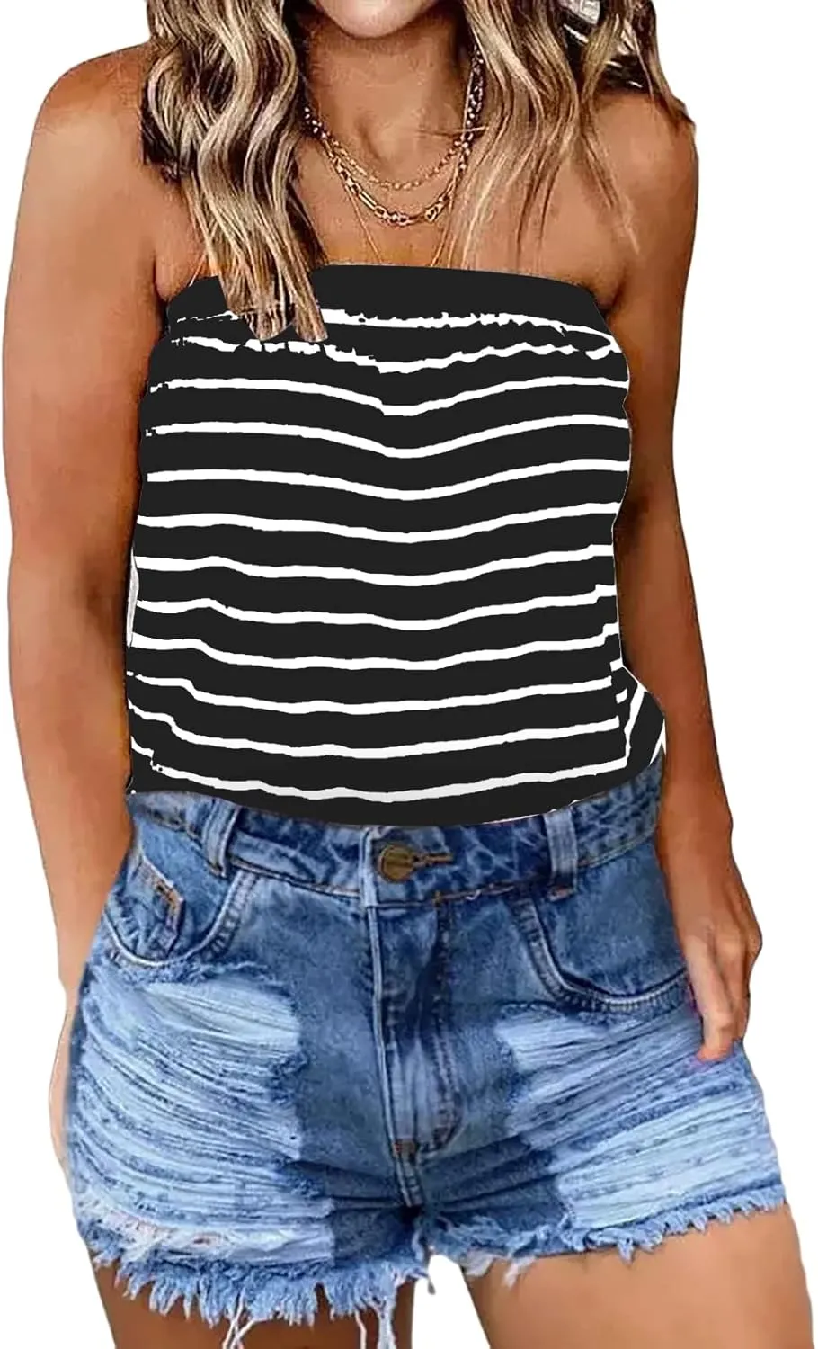 Women's Tube Tops Striped Backless Strapless Top Sleeveless American Flag Smocked Strapless Bandeau Tanks Top Shirt