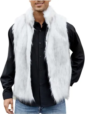 yardsong Faux Fur Vest Men Luxury Faux Fur Hoodie Gilet Coats Fashion Open Front Lapel Collar Fluffy Sleeveless Jackets