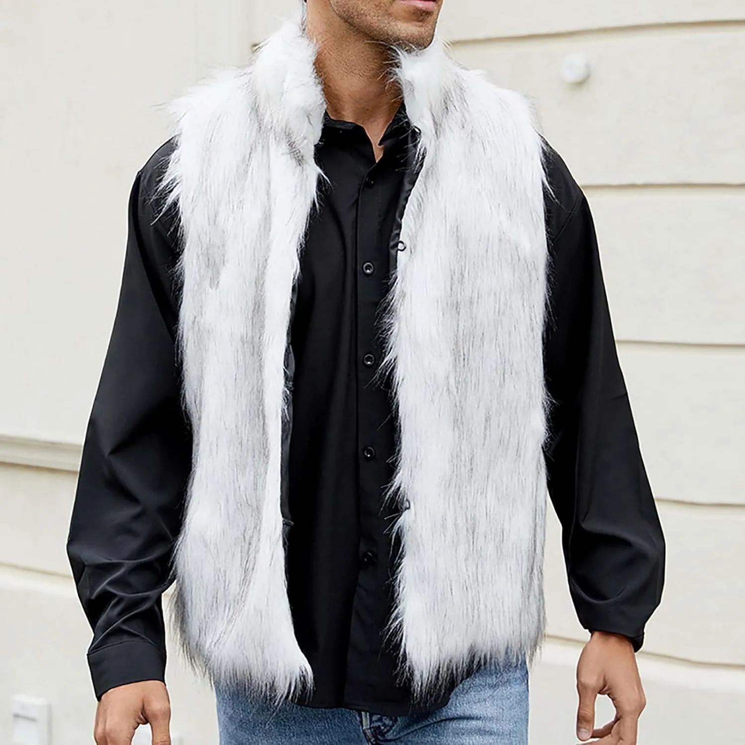 yardsong Faux Fur Vest Men Luxury Faux Fur Hoodie Gilet Coats Fashion Open Front Lapel Collar Fluffy Sleeveless Jackets