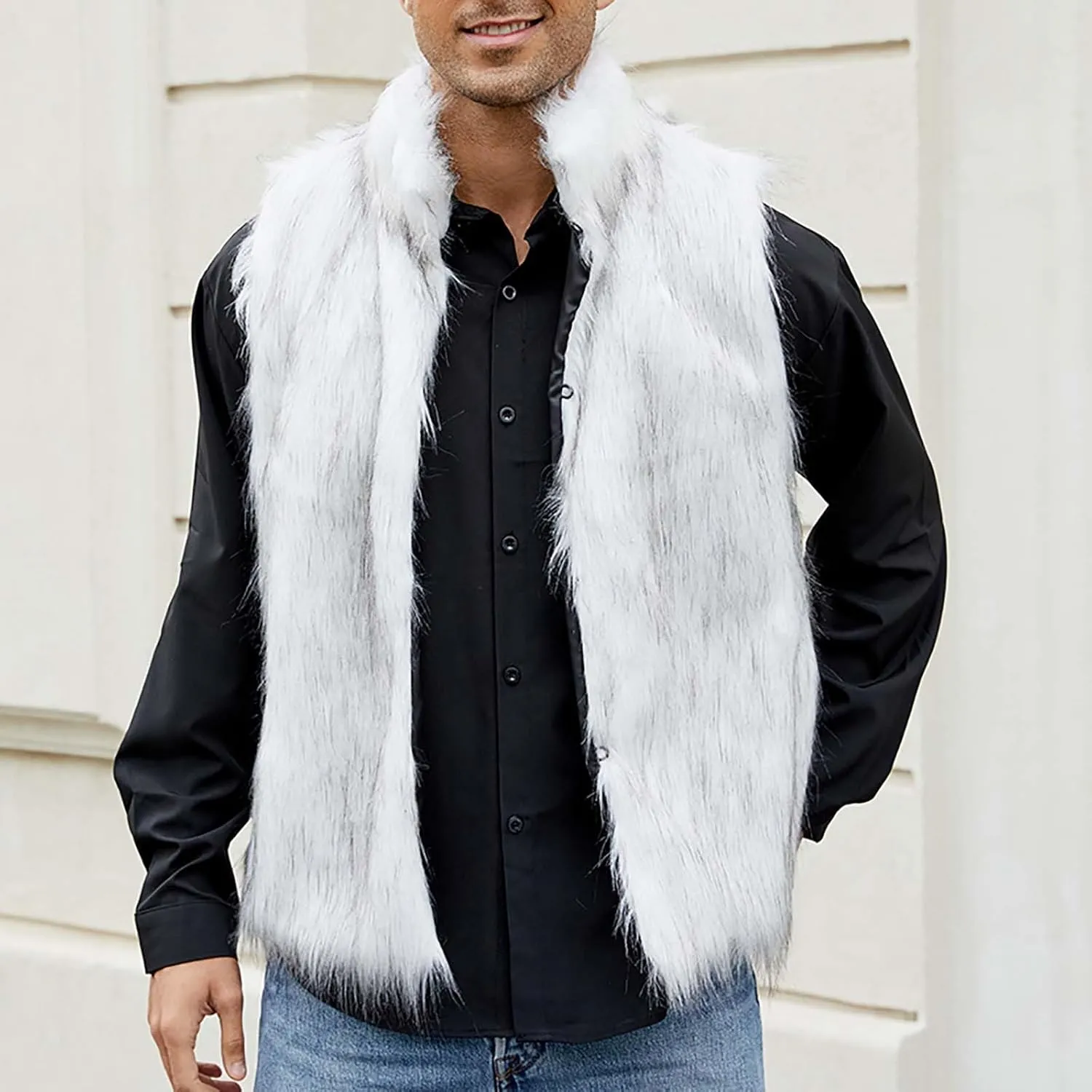 yardsong Faux Fur Vest Men Luxury Faux Fur Hoodie Gilet Coats Fashion Open Front Lapel Collar Fluffy Sleeveless Jackets