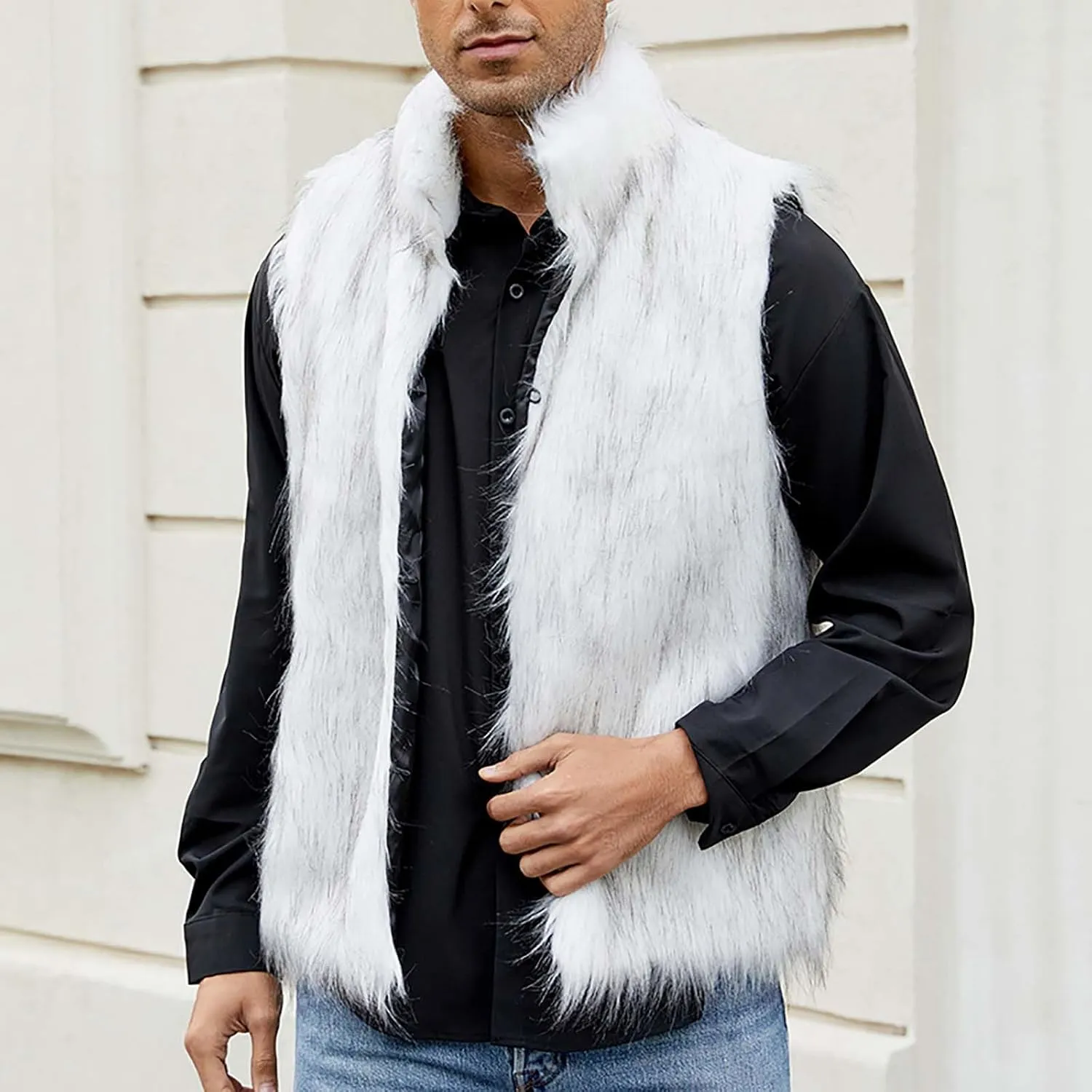 yardsong Faux Fur Vest Men Luxury Faux Fur Hoodie Gilet Coats Fashion Open Front Lapel Collar Fluffy Sleeveless Jackets