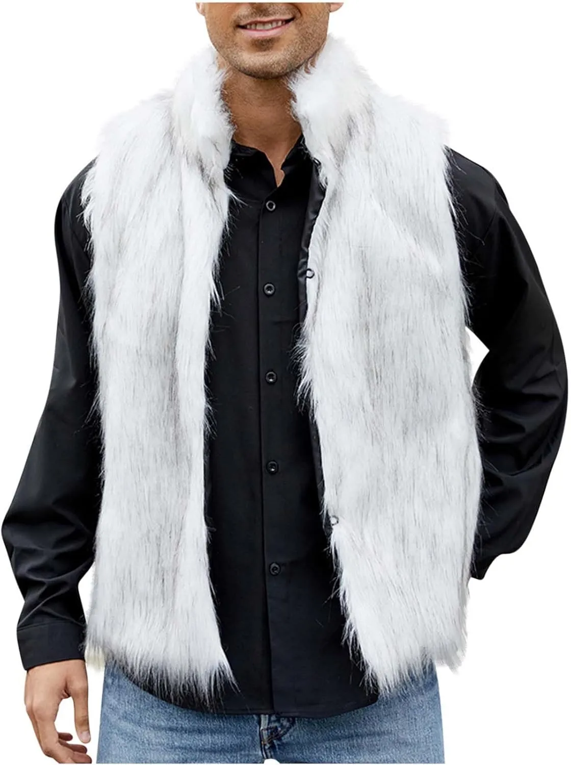 yardsong Faux Fur Vest Men Luxury Faux Fur Hoodie Gilet Coats Fashion Open Front Lapel Collar Fluffy Sleeveless Jackets