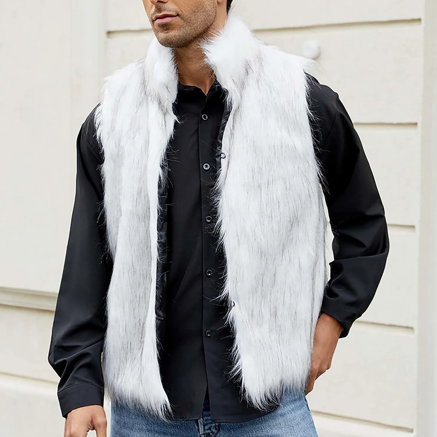 yardsong Faux Fur Vest Men Luxury Faux Fur Hoodie Gilet Coats Fashion Open Front Lapel Collar Fluffy Sleeveless Jackets