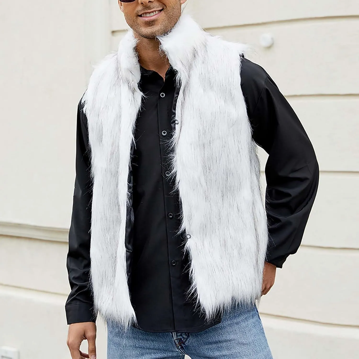 yardsong Faux Fur Vest Men Luxury Faux Fur Hoodie Gilet Coats Fashion Open Front Lapel Collar Fluffy Sleeveless Jackets