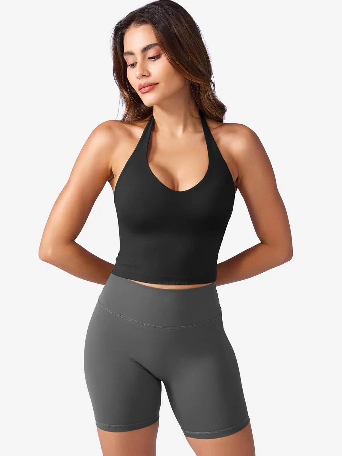 YEOREO Women's Halter Crop Top V Neck Workout Going Out Tank Top Hazel Padded Sleeveless Backless Trendy Summer Camisole